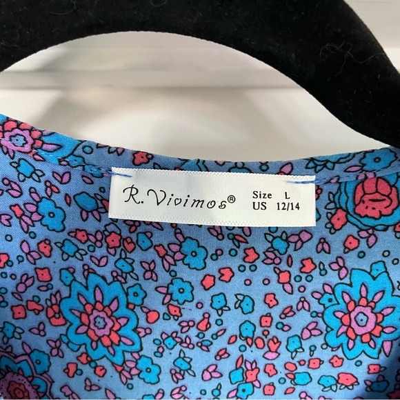 R. Vivimos Boho Festival Midi Blue/Yellow Peacock Print Dress Womens Sz L EUC - Picture 5 of 15